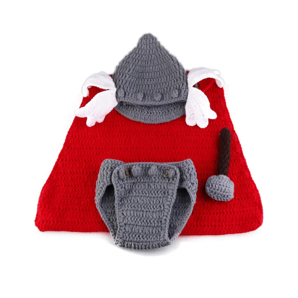 Newborn Photography Props Baby Costume Thor Outfit Handmade Wool Knitting Photo Set Cartoon Studio Photoshoot Accessories