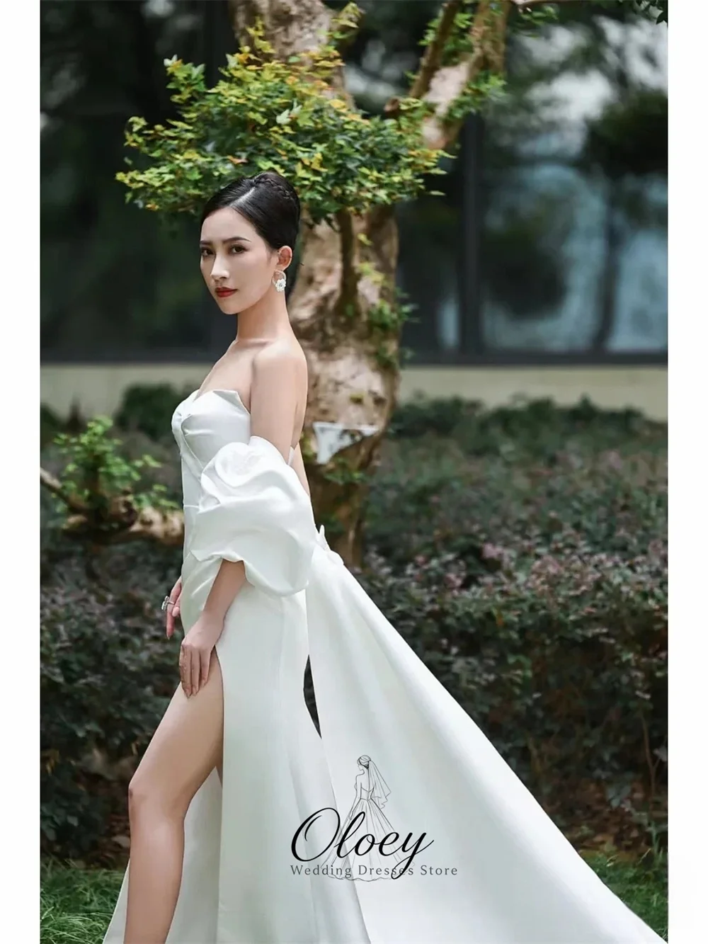 OLOEY Elegant Sweetheart Collar Satin Detachable Puff Sleeve Bridal Gown Side High Slit Mermaid Korea Wedding Dress Photo Shoot