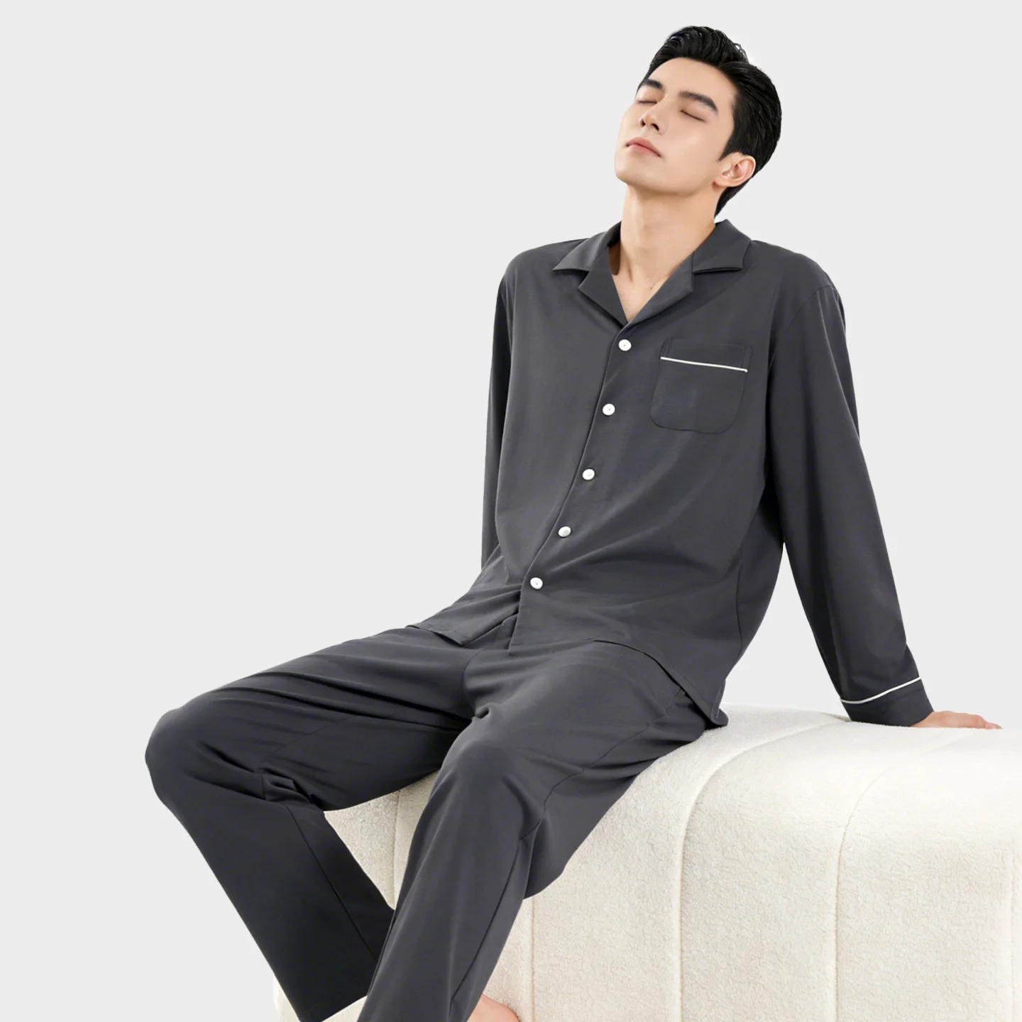 Grey Cotton Pajamas Men Set Sleepwear Nightwear Full Sleeves PJ Pijama Hombre Home Clothes 2 Pieces Set Cotton Pyjama Homme