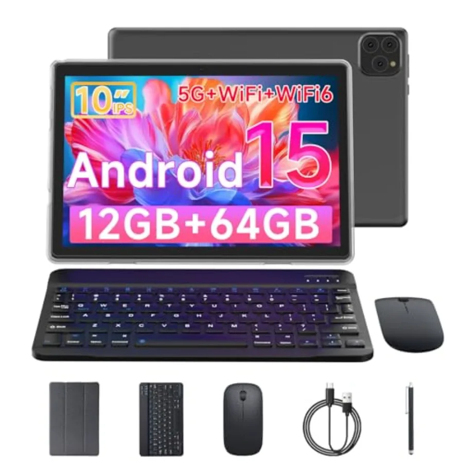 

10 Inch Android 15 Tablet 12GB RAM+64GB ROM 1TB Expandable Black 2-in-1 with Keyboard Case Mouse Stylus HD Touch Screen 5G WiFi