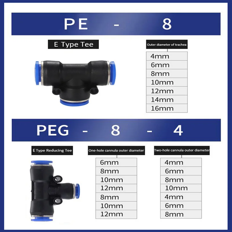 Pneumatic Fitting Air Connector Tube Quick Fittings Pipe Push In Hose E Type Tee Three Way 4mm 6mm 8mm PE PEG Plastic Connectors