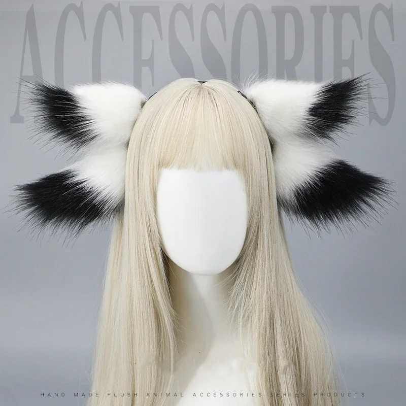 

Anime Double Ears Plush Headdress Animal Ears Black White Headdress Lolita Furry Hair Hoop Cosplay Costume Headband Props