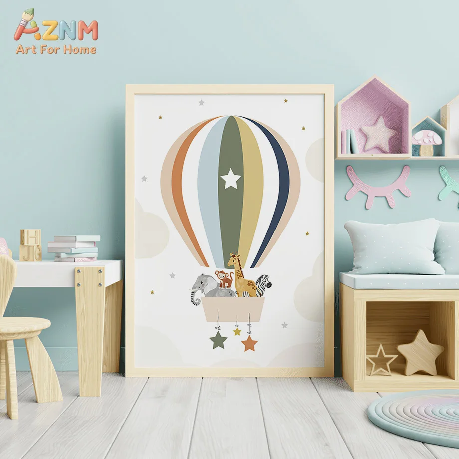 AZNM Custom Name Safari Animal Canvas Wall Art Giraffe Elephant Tiger Hot Air Balloon Born To Be Wild Rainbow Baby Nursery Unfra