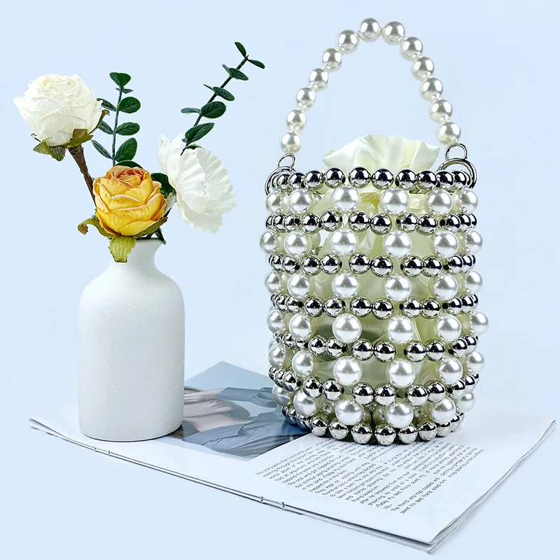 Luxury Handmade Woven Beaded Pearl Handbag Fashion Cylindrical Shape Women's Dinner Party Evening Gown Bag Female Lipstick Bag