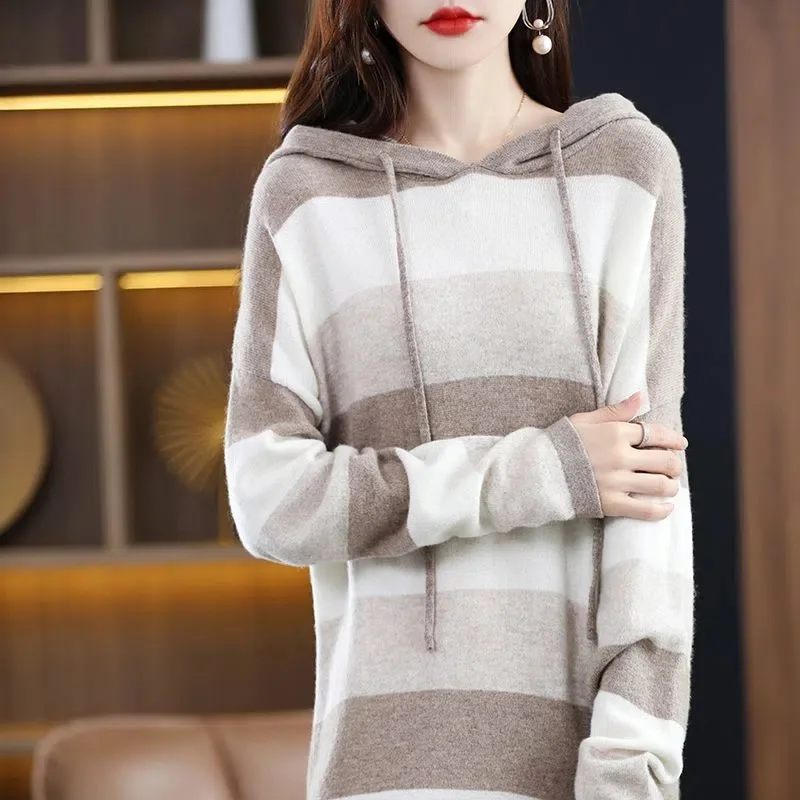 Autumn Winter Women Hooded Dress Stripes Loose Long Section The Knee Sweater Dress Female Western Style Knitted Bottoming Dress