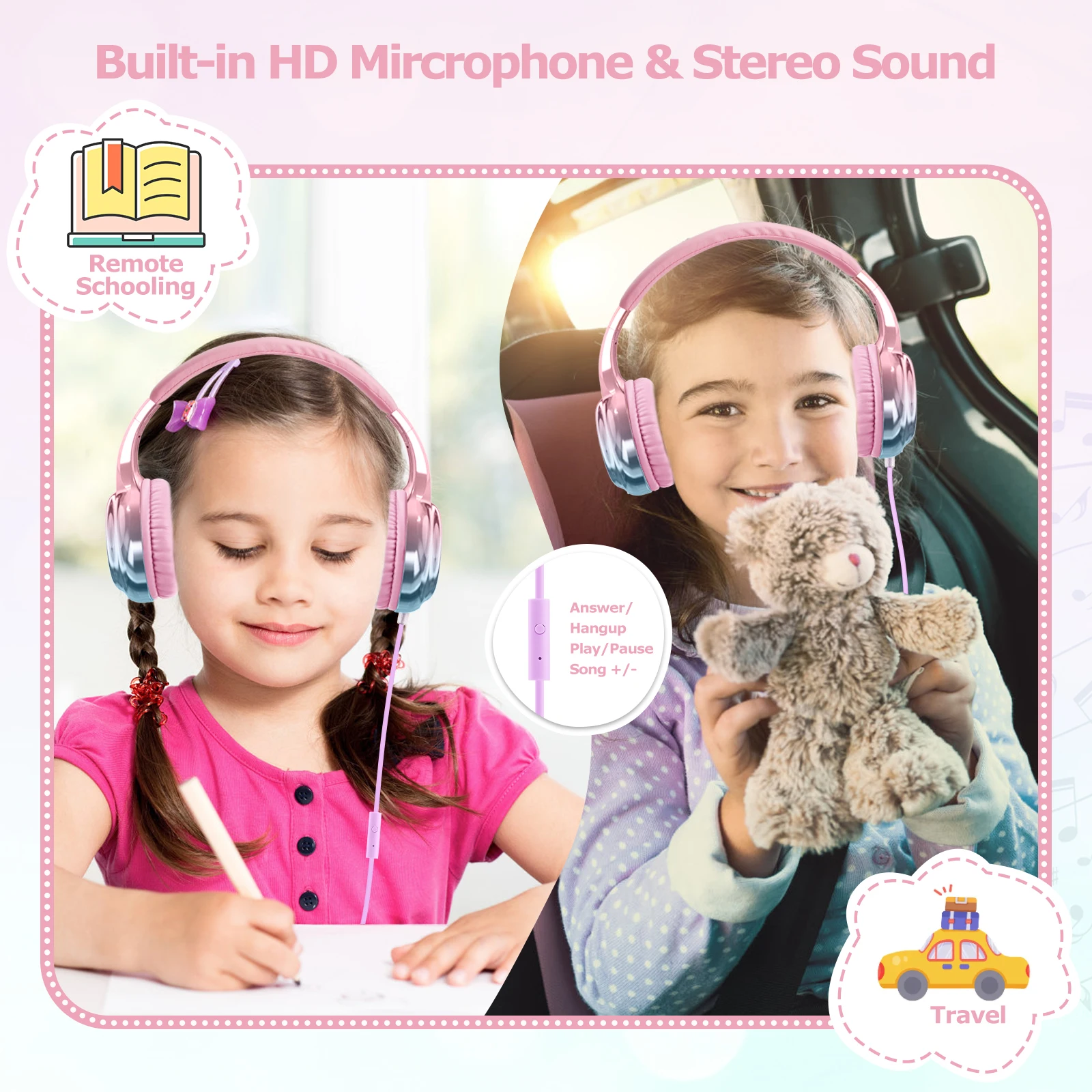 Kids Wired Headphones With Mic Girls Pink Headphones Adjustable Stereo Headset Children Headphones for Travel School Kids Gifts