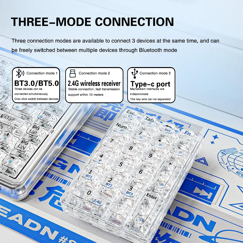 Mini Geléia Teclado Digital Transparente, K21 Teclado Mecânico, Sem Fio, Bluetooth, 3 Modos, Portátil, Pequeno