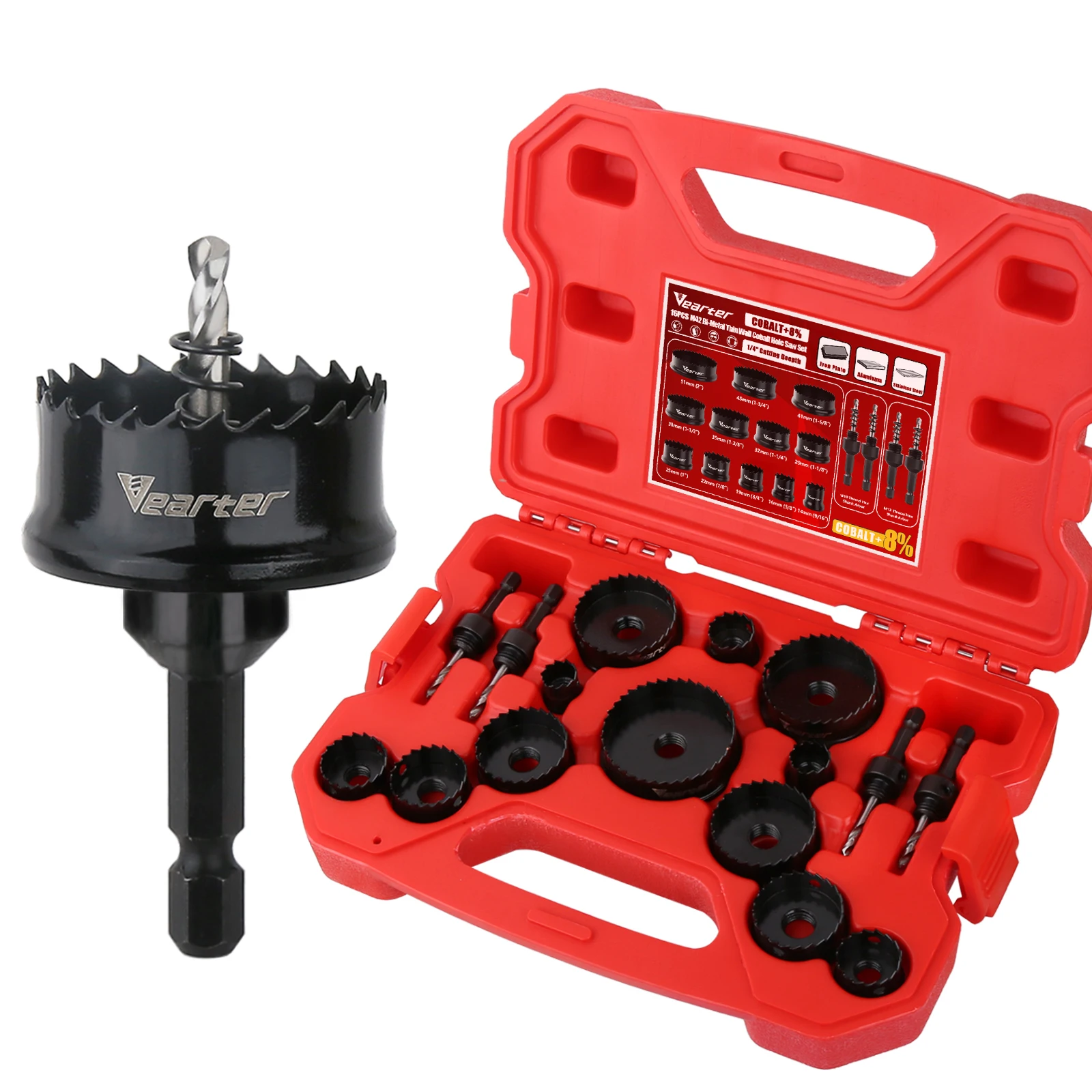 16PCS Bi-Metal Hole Saw Kit 14-51mm Thin Wall M42 Bimetal Cobalt Drill Hole Cutter for Wood Sheet Metal Copper PVC Steel Plate
