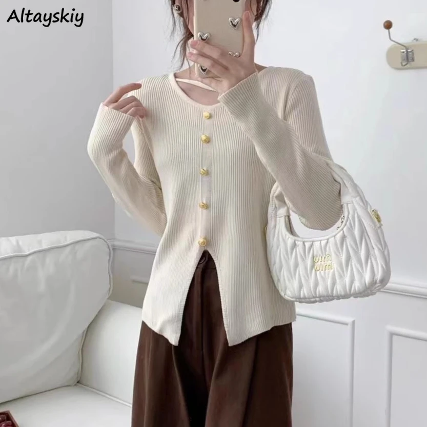 

Элегантные вязаные пуловеры для женщин на пуговицах, повседневные базовые джемперы 이너니트, модные топы, повседневные топы Ulzzang, тонкий универсальный дизайн с разрезом 2024