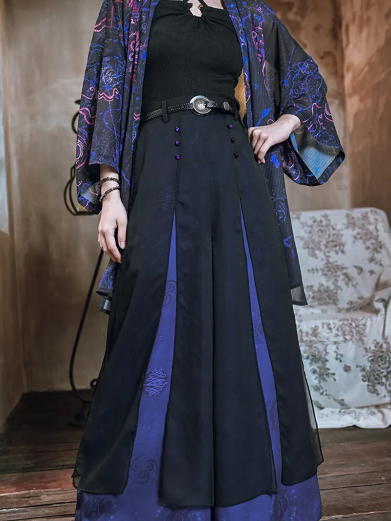 

New Chinese Style National Style Han Elements Dark Double-layer Montage Printing Wide Leg Pants Blue