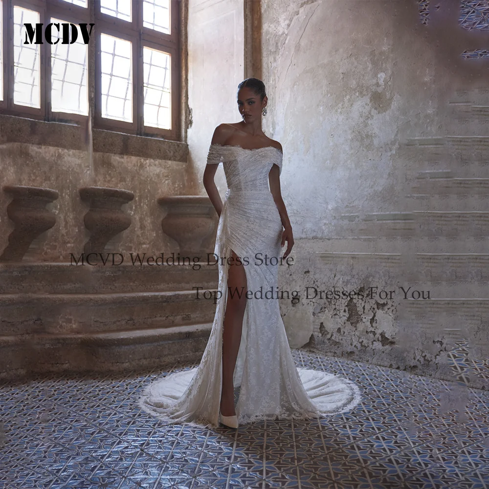 

MCDV Lace Split Wedding Dresses 2026 Off Shoulder Applique Reception Dresses For Weddings Mermaid Civil Bride Gowns Customized