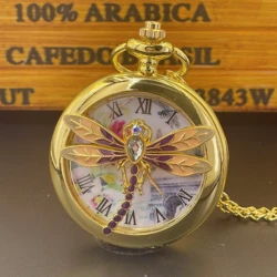 Fashion 3D Cutout Mosaic Brick Dragonfly Quartz Pocket Watch Girls Elegant Sweater Necklace