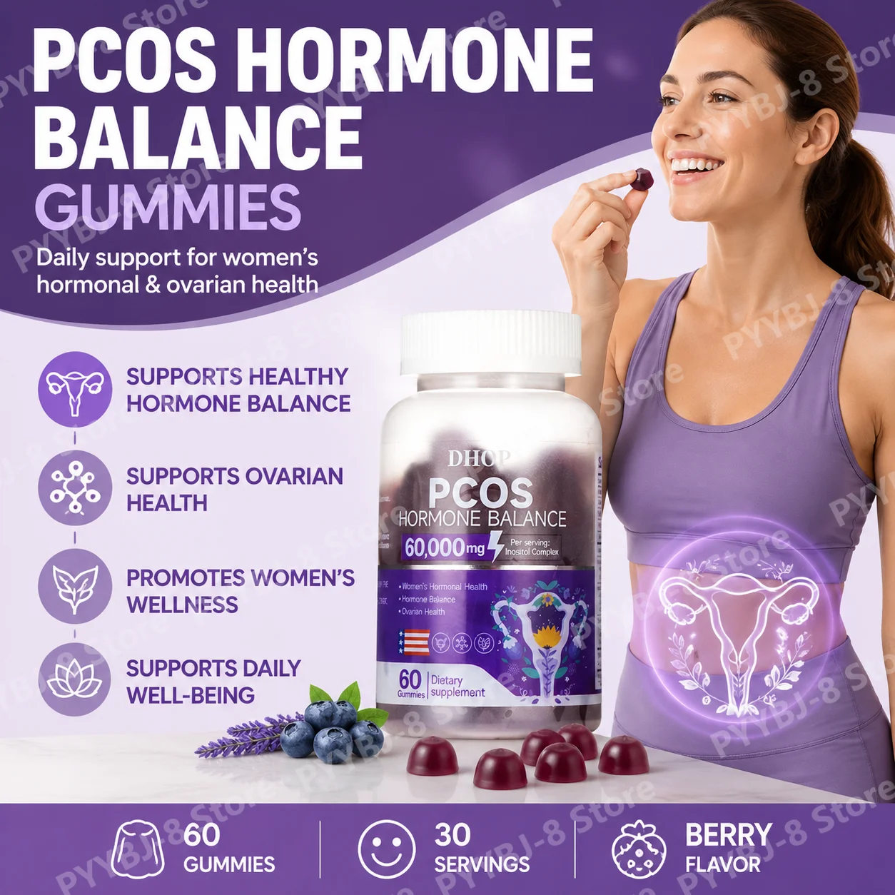 DHOP Inositol Complex Gummies for Ovulation Support and Follicular Development with Vitamin D3 for Cycle Regularity 60 Gummies