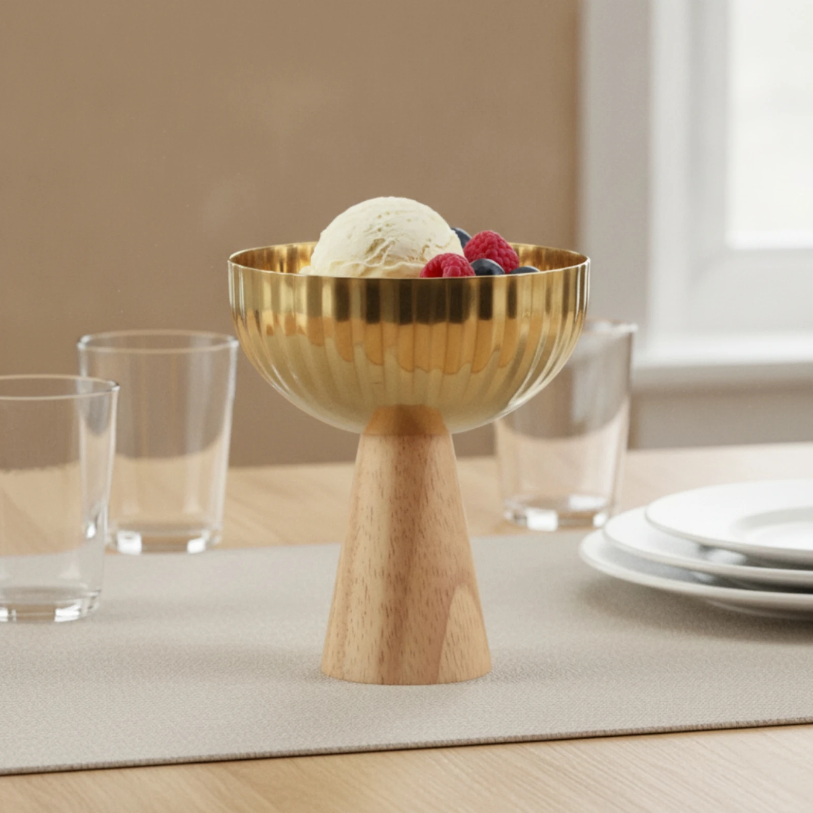 Fruit Bowl with Wooden Base Gold Fruit Bowl with Pedestal Base Compact Decorative for Hosts, Dining Table, Kitchen Counter