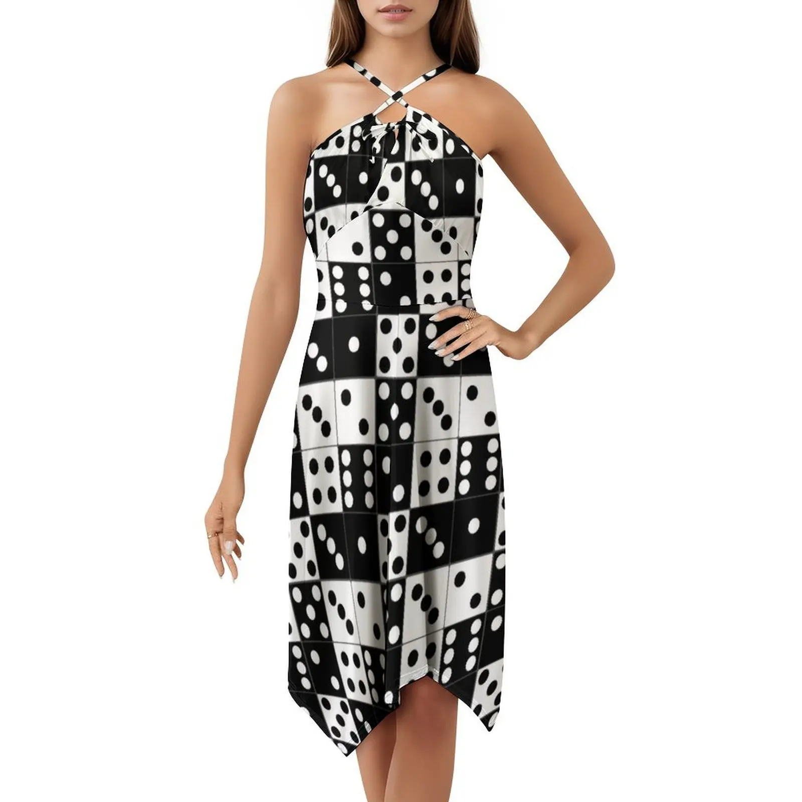 65 Mcmlxv فستان بوهيمي بدون أكمام بنمط الدومينو باللونين الأبيض والأسود للنساء مطبوع فساتين حفلات الشاطئ باللونين الأبيض والأسود