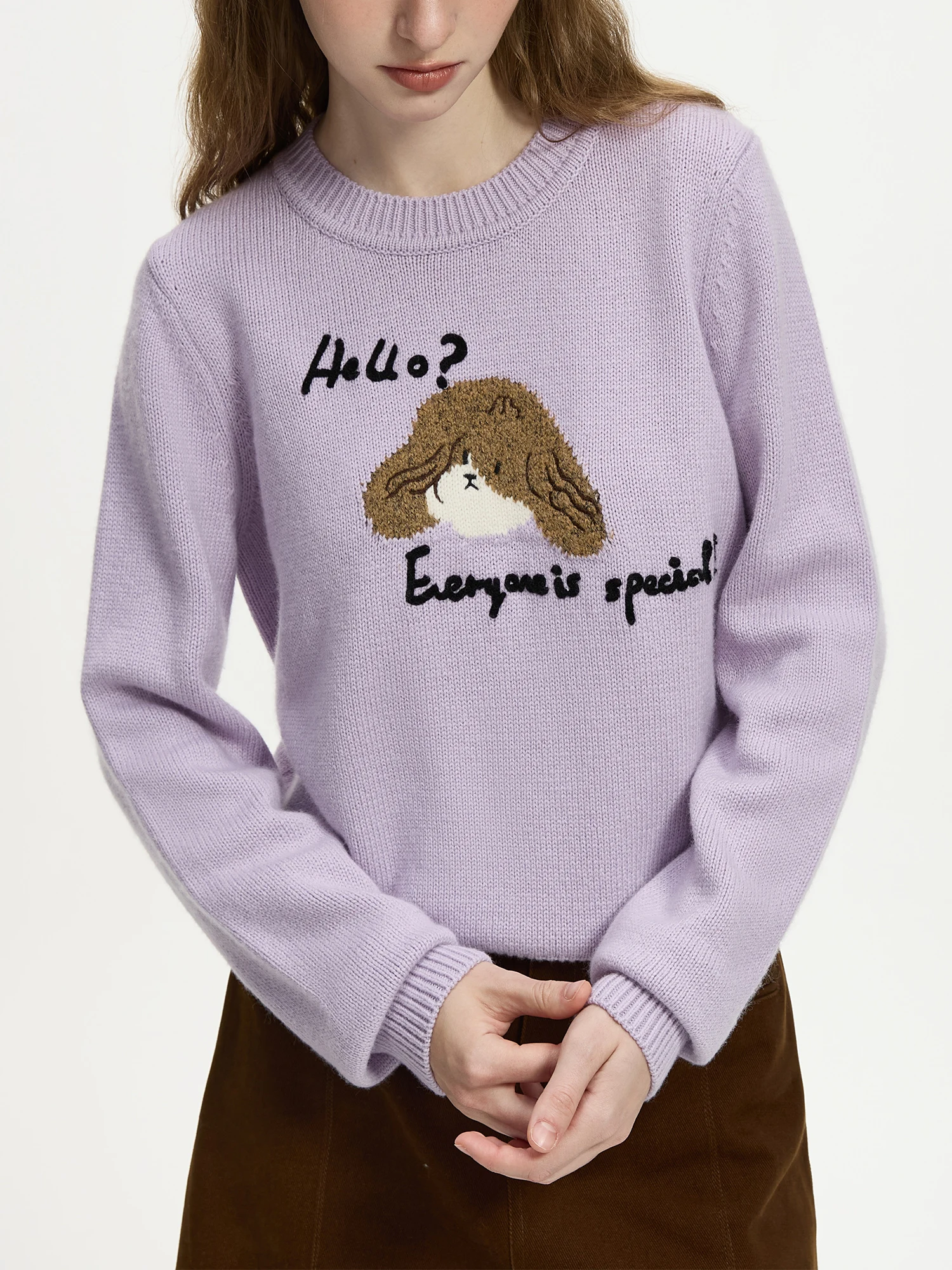 FSLE 29.1% Wool Round Neck Cartoon Puppy Letters Pullover Knit Sweater For Women 2024 Fall Winter New Design Pullover 24FS14245