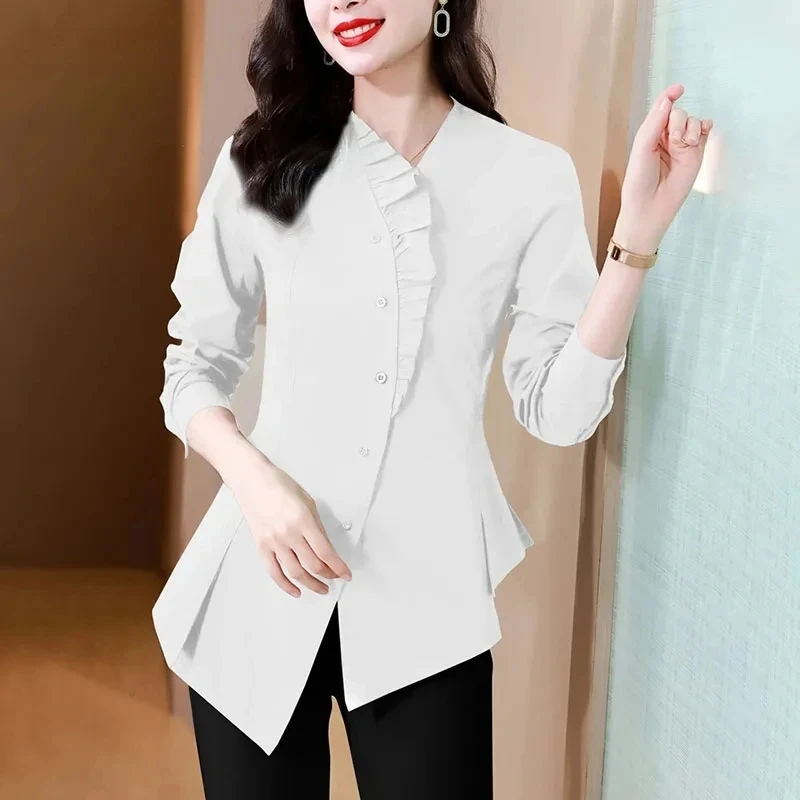 2024 Spring Summer Women's Top-Grade Irregular Shirt Mid Length Version Leisure Shirt Self Cultivation Ruffled Edge Lady Blouse