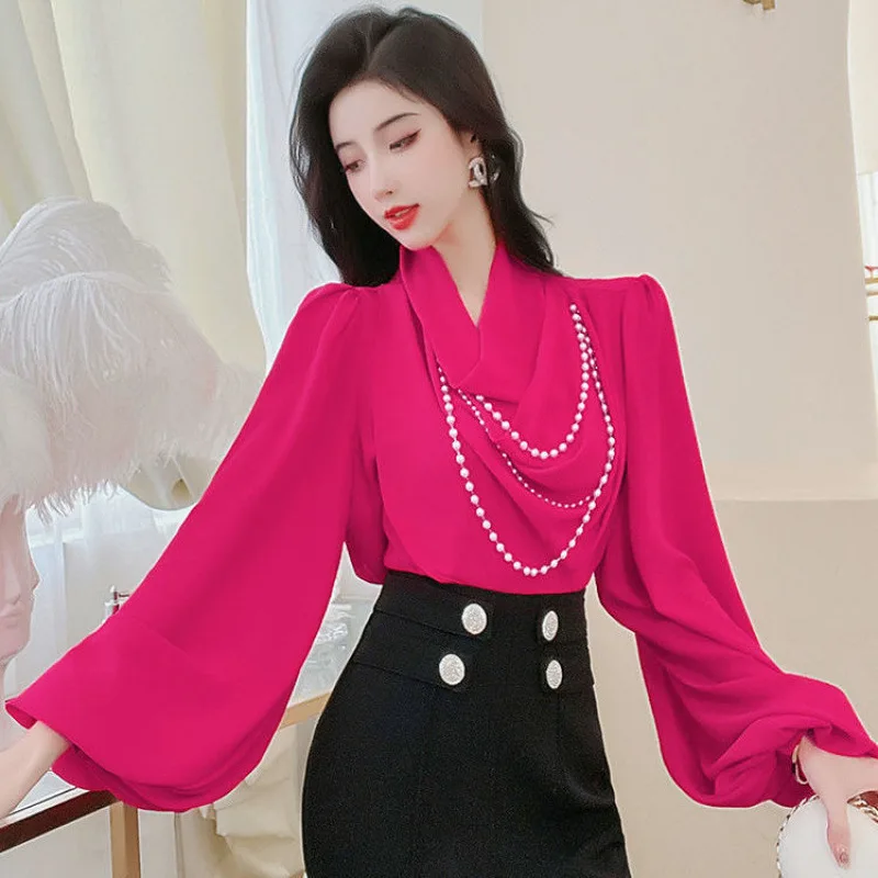 

Ele OL Sle Women's irt Faion Pearl Chain Design Pleated V-Ne Lantern Sve Chiffon Top Busin Casual Wear