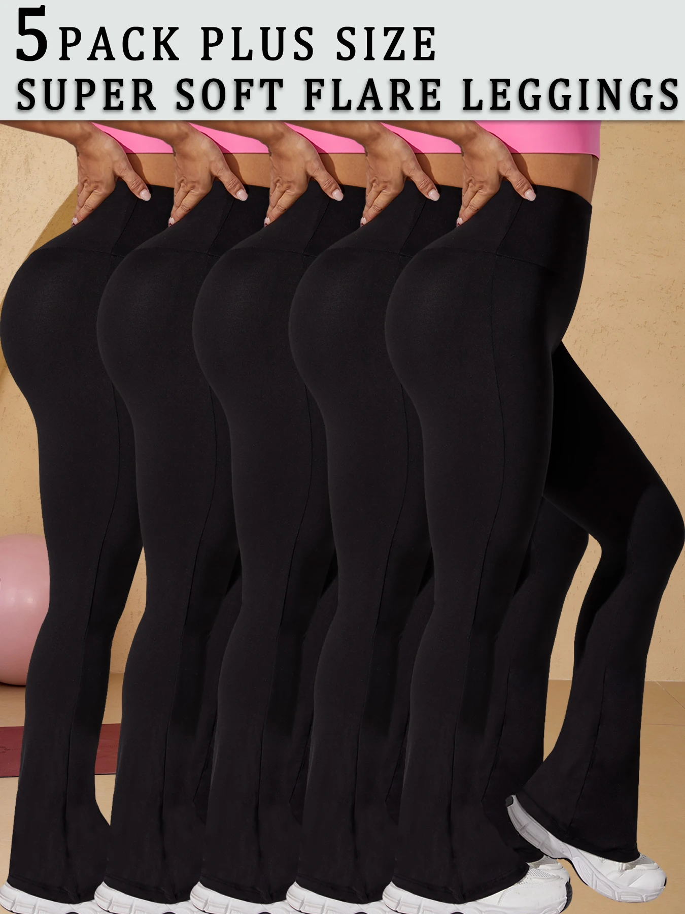5 Pack Plus Size Women's Super Soft High Waisted Flare Pants, Leggings Tummy Control Soft Bootleg Bell Bottoms Running