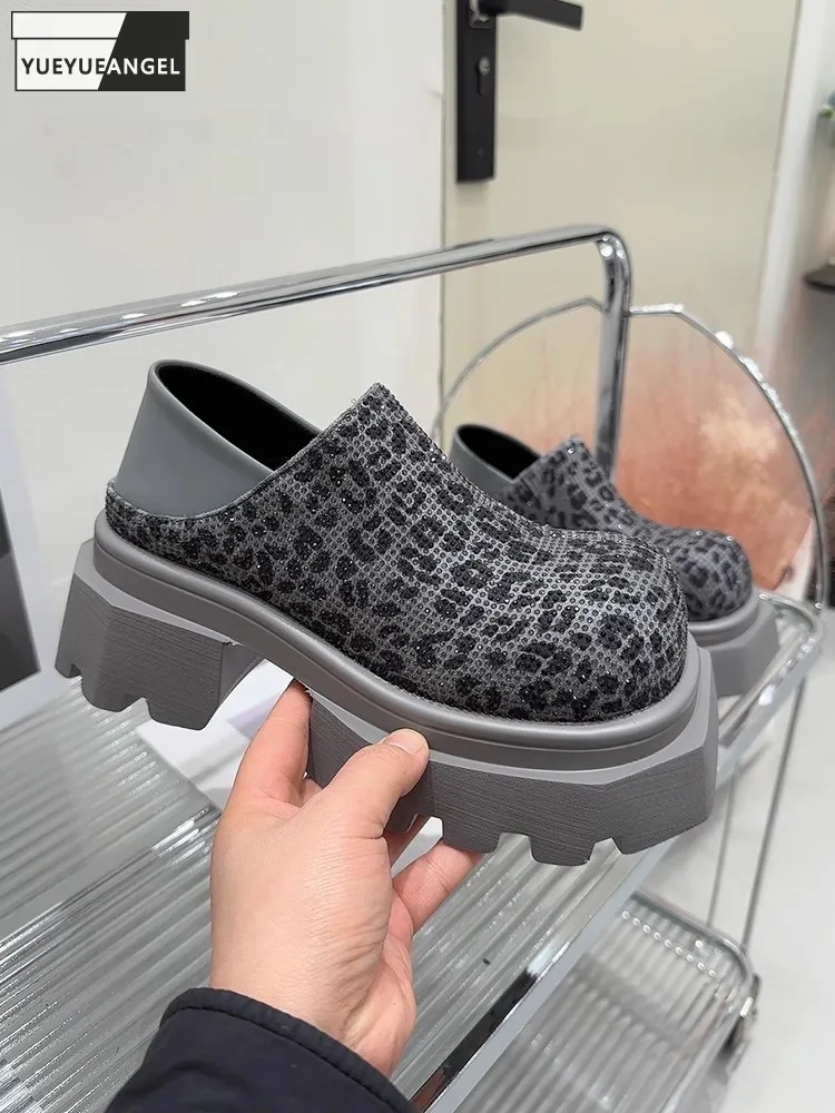 

Женские туфли-лодочки с леопардовым принтом и бриллиантами, кожаные лоферы без шнуровки с круглым носком на высоком каблуке, модная женская обувь на платформе для подиума