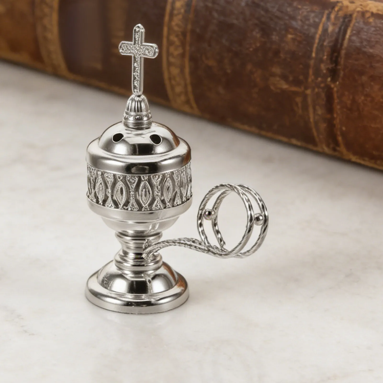 Metal Incense Burner Silver Cone Burner with Handle Charcoal Holder for Church Altar Meditation Room Aromatherapy Home