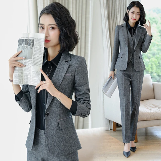 Traje Formal de negocios para mujer ropa de trabajo de manga larga Ol gris AliExpress