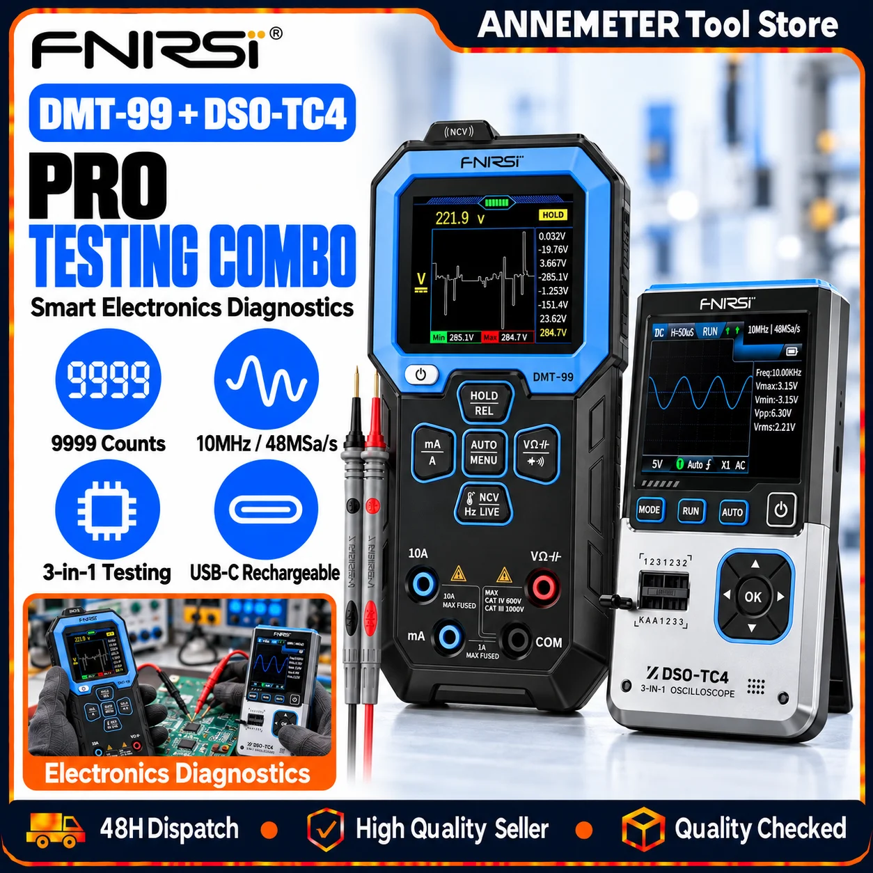 FNIRSI DMT-99 Digital Multimeter-9999 Counts TRMS Auto-Ranging Volt Meter, Rechargeable, Graph Recording, Anti-Burn Protection