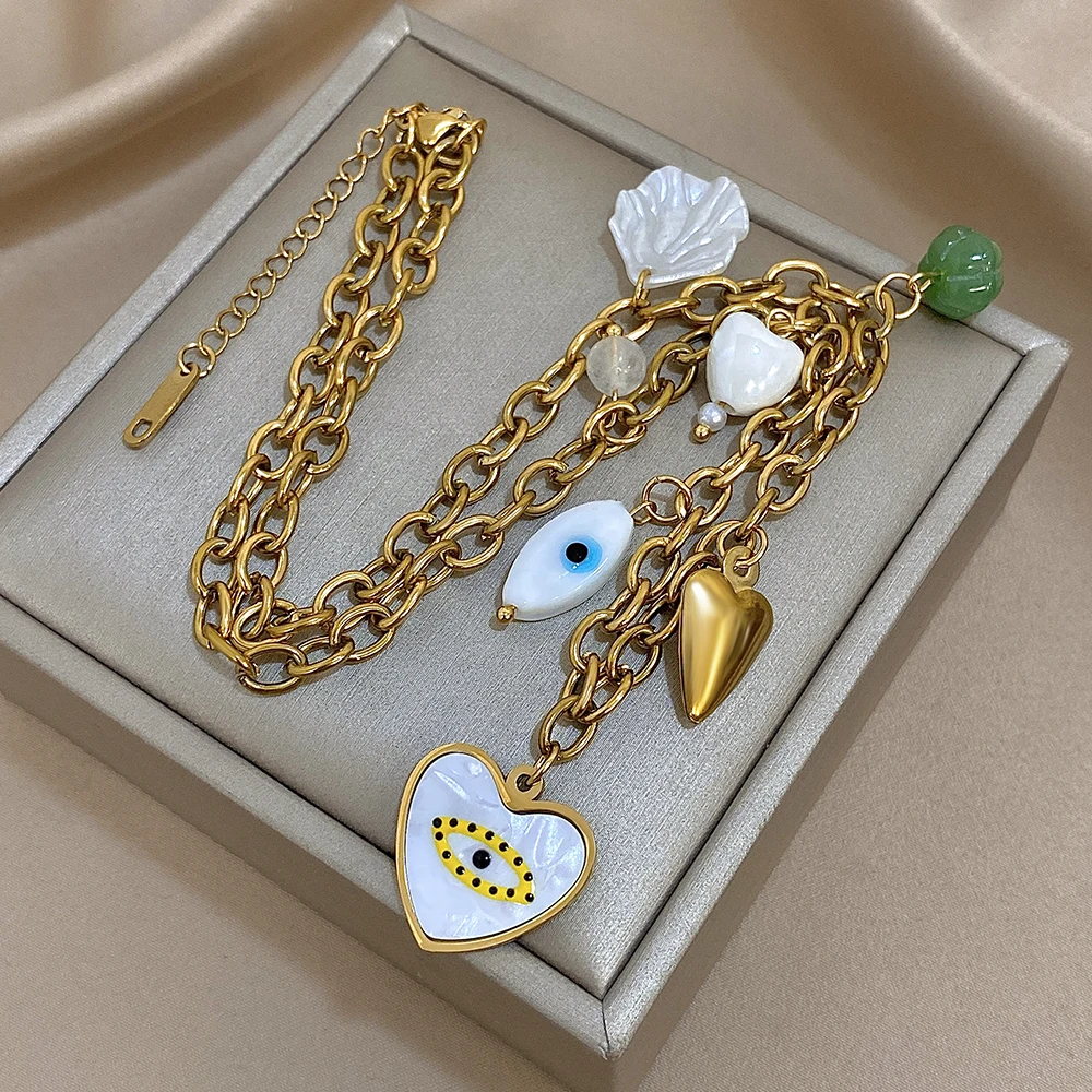 

Vintage Gold Color Stainless Steel Choker Necklace for Women Trendy Blue Eye Heart Pendant Necklace Delicate Jewelry Gift