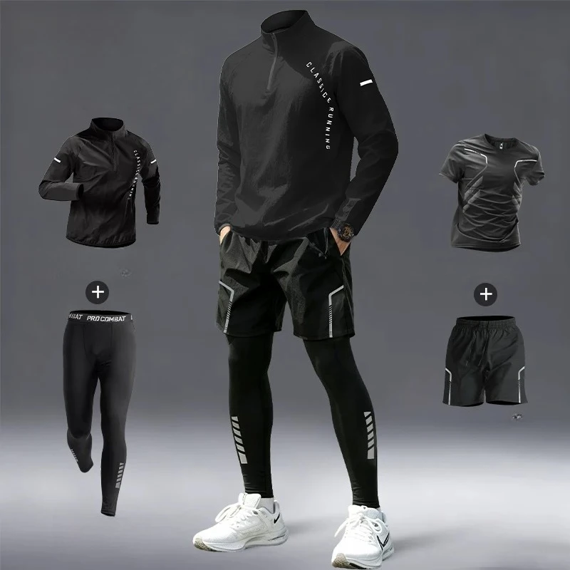 Breathable 4 Pcs Men's Sports Set Breathable Sweat-absorbing Quick Dry Running Fitness Clothing Morning Run Cycling Suit