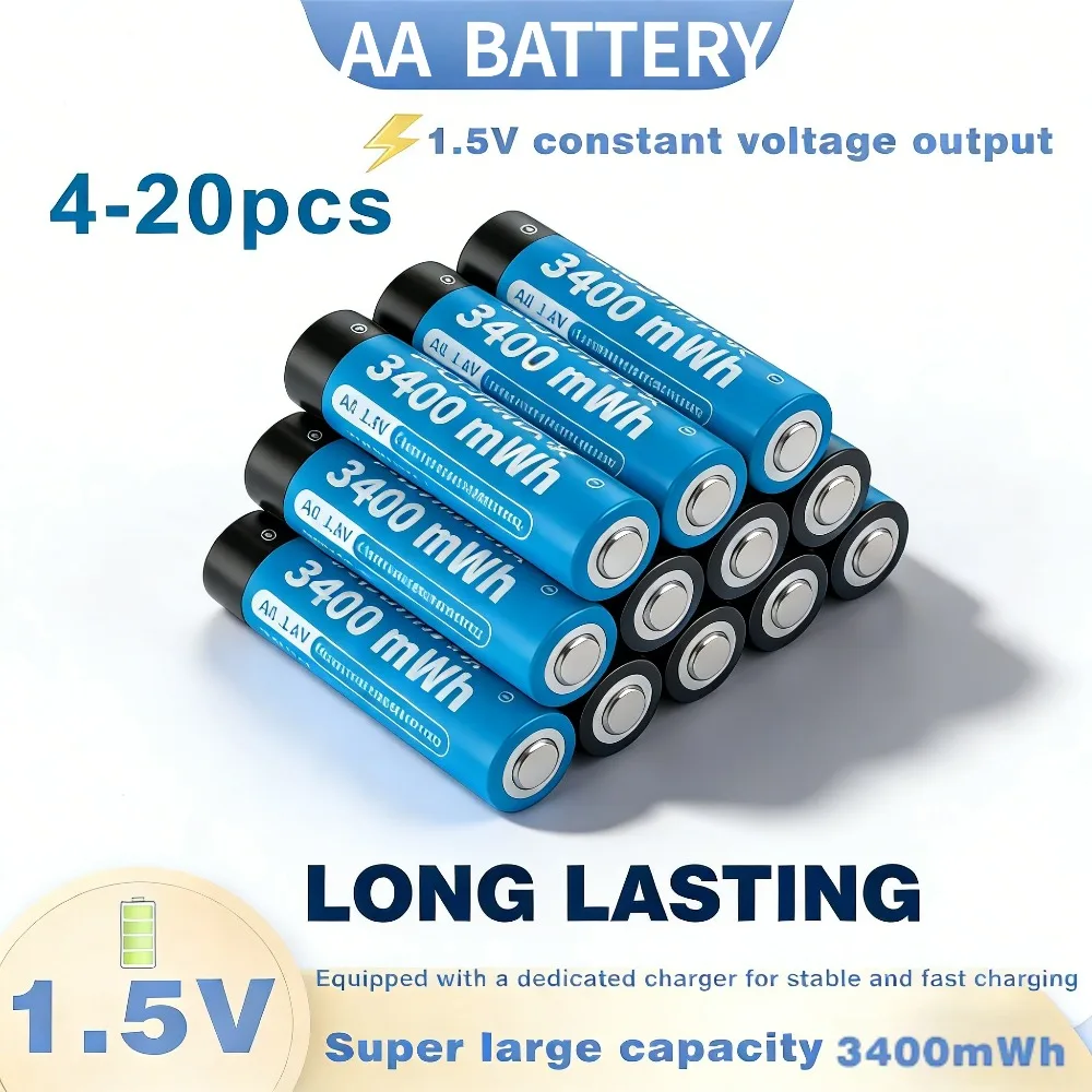 

High Performance 4-20PCS New AA 1.5V 3400mWh Rechargeable Battery for Flashlights, Tools and Portable Electronics