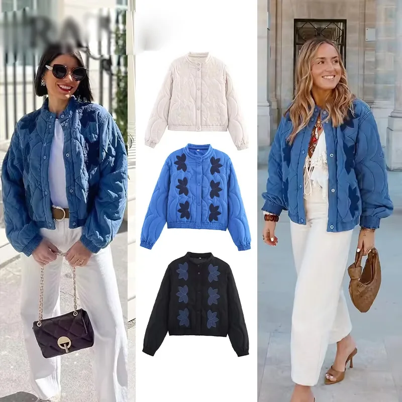 

2025 женское укороченное пальто, модные теплые однобортные синие хлопковые куртки с вышивкой, женская осенне-зимняя шикарная верхняя одежда