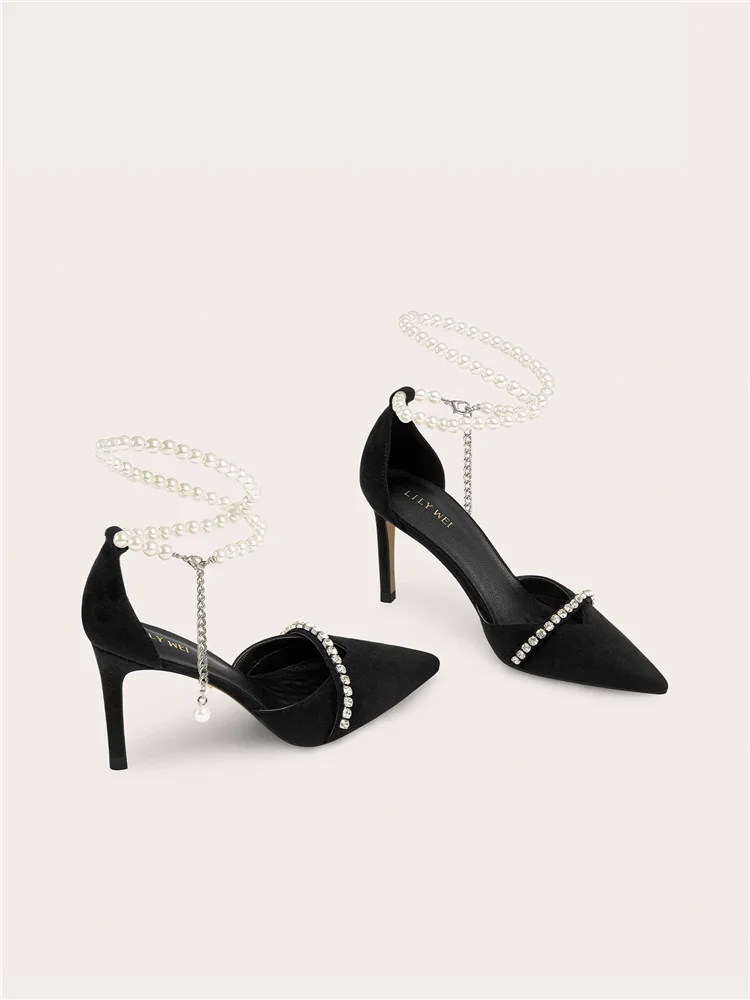 Spring/Summer New Pointed Suede Pearl Chain Water Diamond Sandals Banquet Large Size Small Size Widening High Heels Women's Shoe
