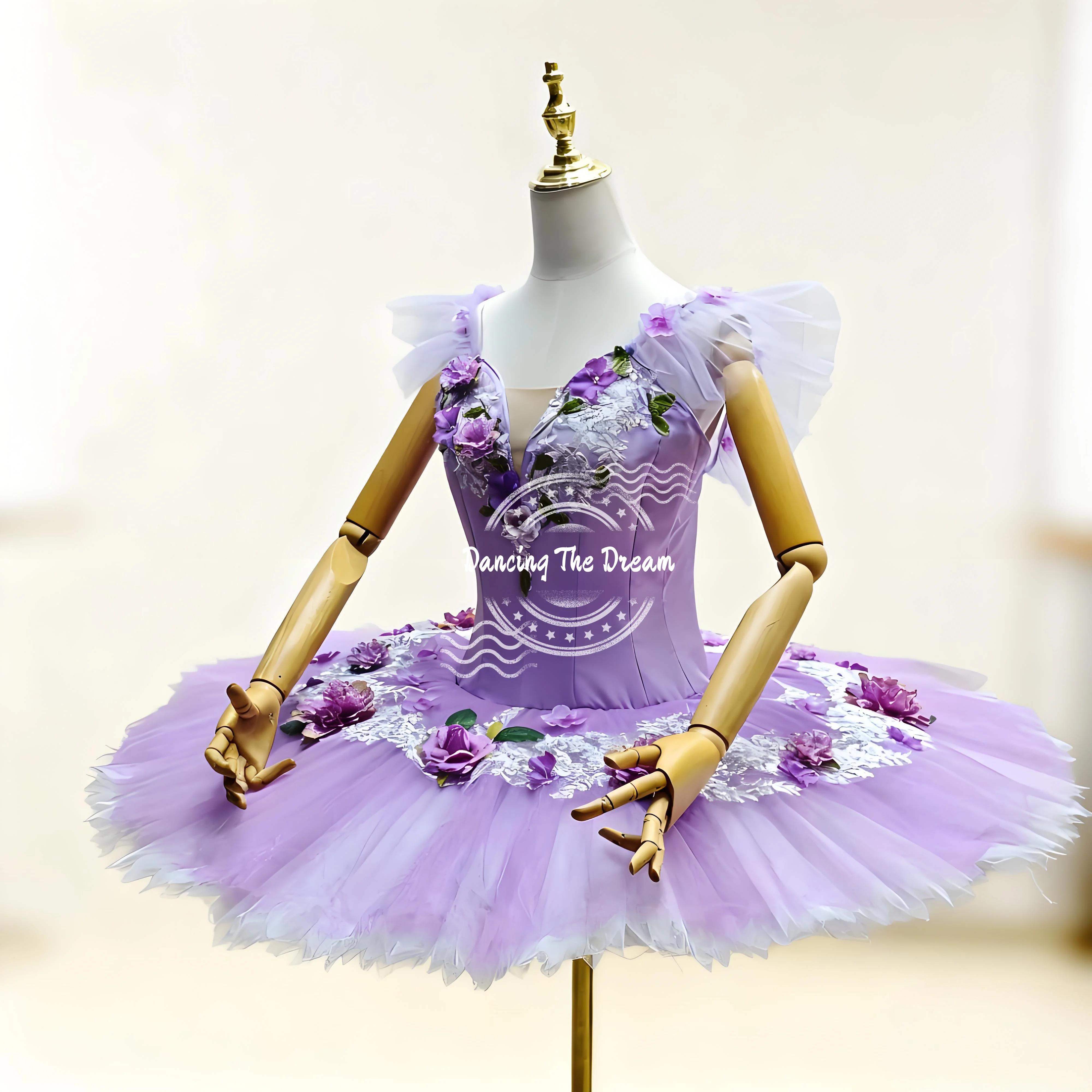 فستان باليه توتو مزين بالزهور من الخزامى للفتيات، زي رقص أنيق مع تنورة من التول الناعم