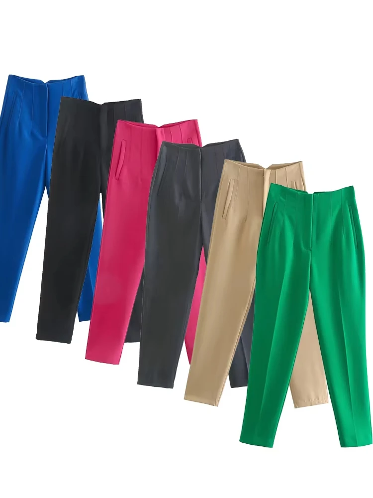 Women Fashion Straight Pants High Waist Front Zipper Trousers Vintage Full Length Female Chic Lady