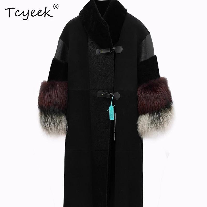 Tcyeek Prawdziwa Wełna Jesień Zima Elegancki Modny Jednolity Kolor Płaszcz Damski ze Skóry Owczej Średniej Długości Fourrures Femme