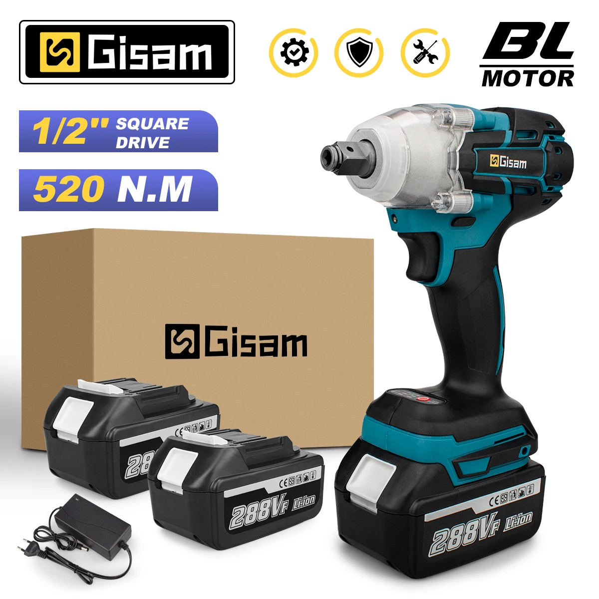 520N.M Brushless Electric Impact Wrench Cordless Electric Wrench Power Tools 1/2 inch Li-ion Battery for Makita 18V Battery