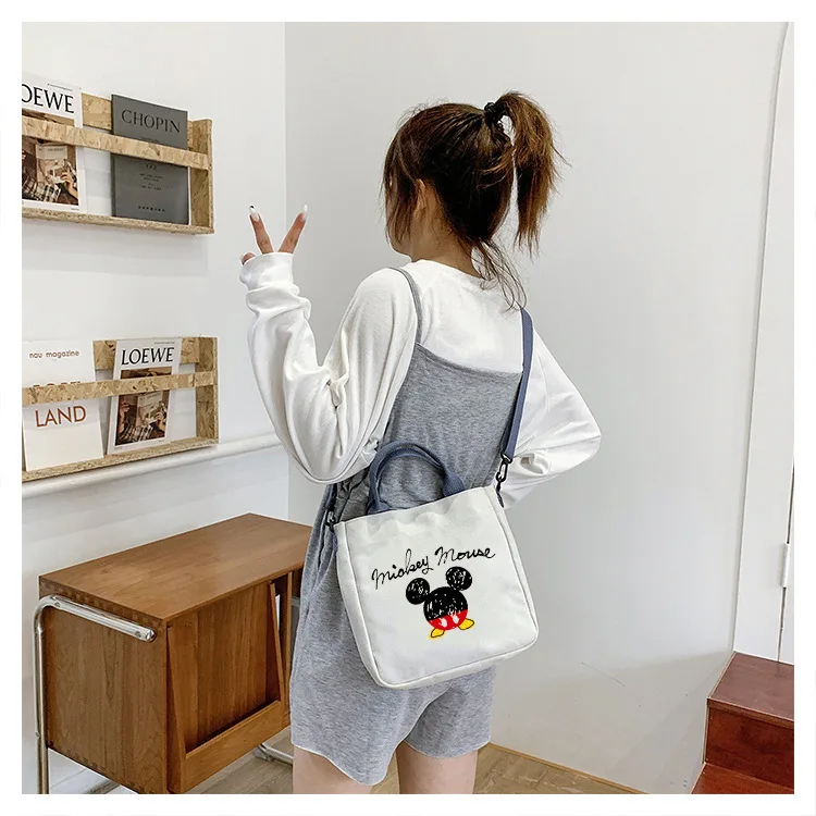 2024 Disney Mickey Mouse Canvas Tote Bag for Women Cartoon Minnie Handbag Detachable Shoulder Strap Large Capacity Crossbody Bag