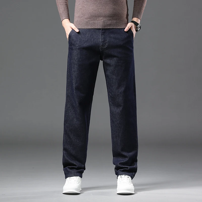 

Men Spring Autumn Loose Straight Leg Mid Rise Stretch Jeans Business Casual Elastic Comfort Office Pants Durable High Quality