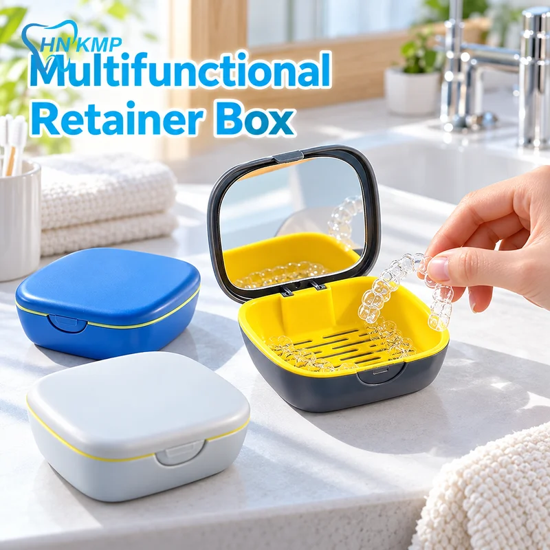 Colorful  Retainer Case Dopamine Style With Mirror & Drainage Basket,Portable Denture Aligner Mouth Guard Storage Box