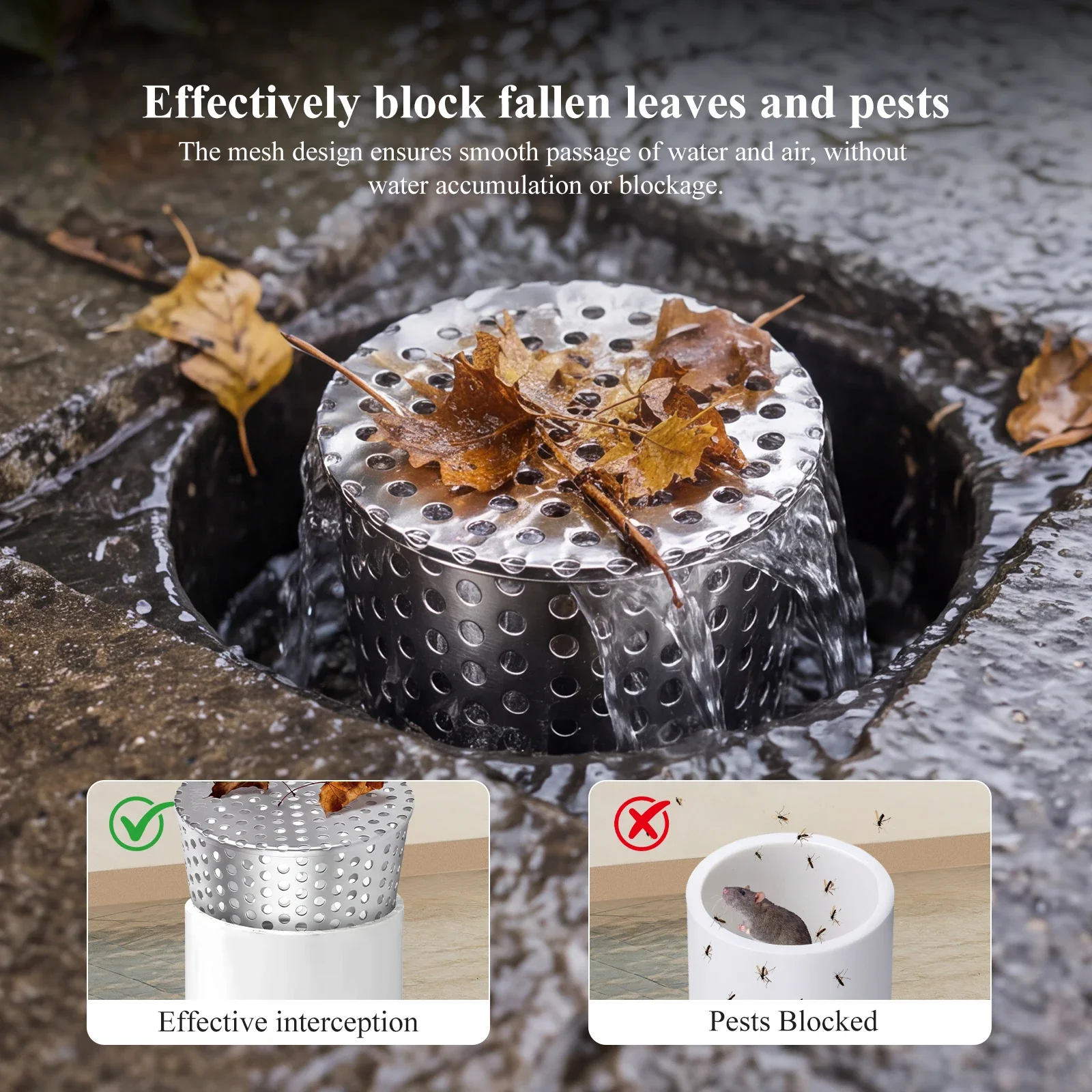 Gutter Leaf Guard 304 Stainless Steel Downspout Strainer 90 110mm Rain Gutter Guard Debris Pest Blocker Tool Free Install