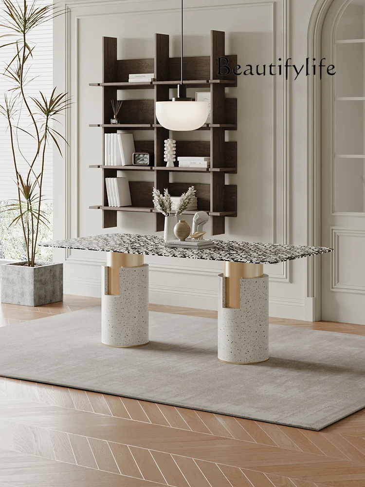 

French cream style dining table household small apartment marble dining table rectangular terrazzo combination