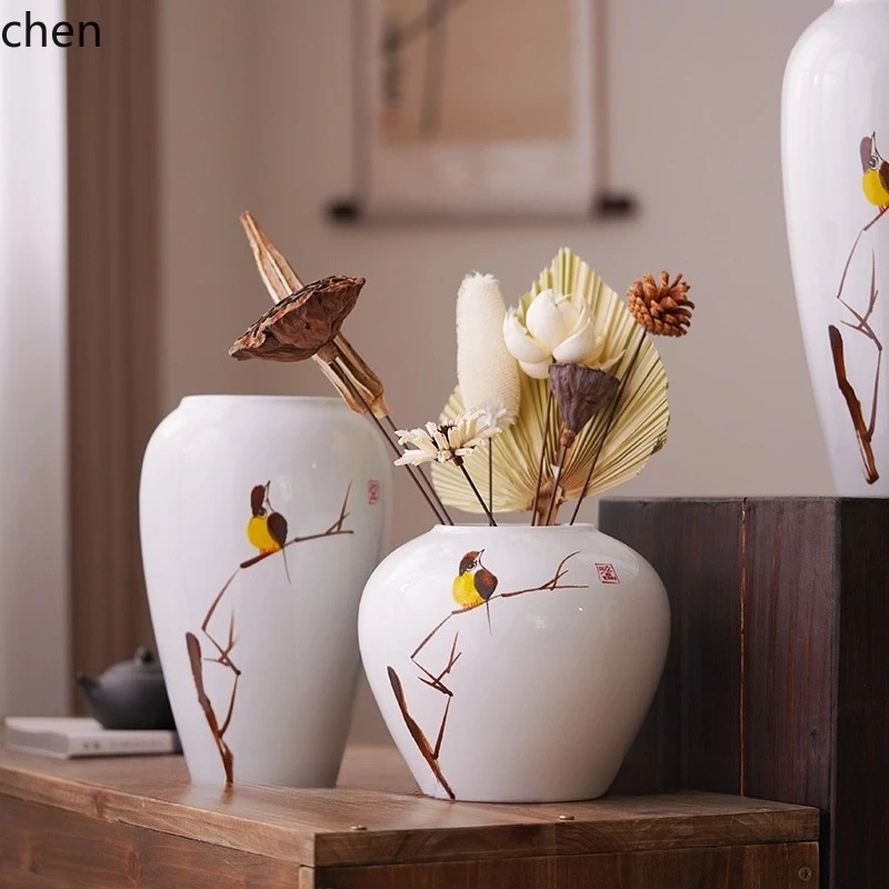 

ZML Ceramic Vase Living Room Flower Arrangement Ornament High-end Vintage Ceramic Jar Chinese Style Desktop Home Decoration
