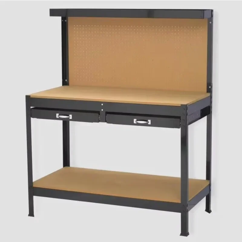 Steel workbench with perforated panels and drawers