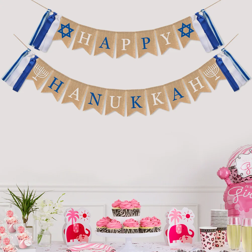 Creative Happy Hanukkah Party Banner Tassel Linen Swallowtail Pull Flag Party Supplies Banner for Party