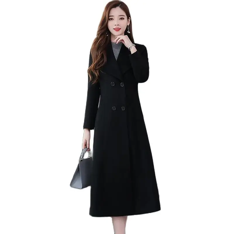 

Temperament Windbreaker 2022 Autumn And Winter New Woolen Coat Women's Over-the-knee Larg Size Lapel Long Slim Waist Coat Women