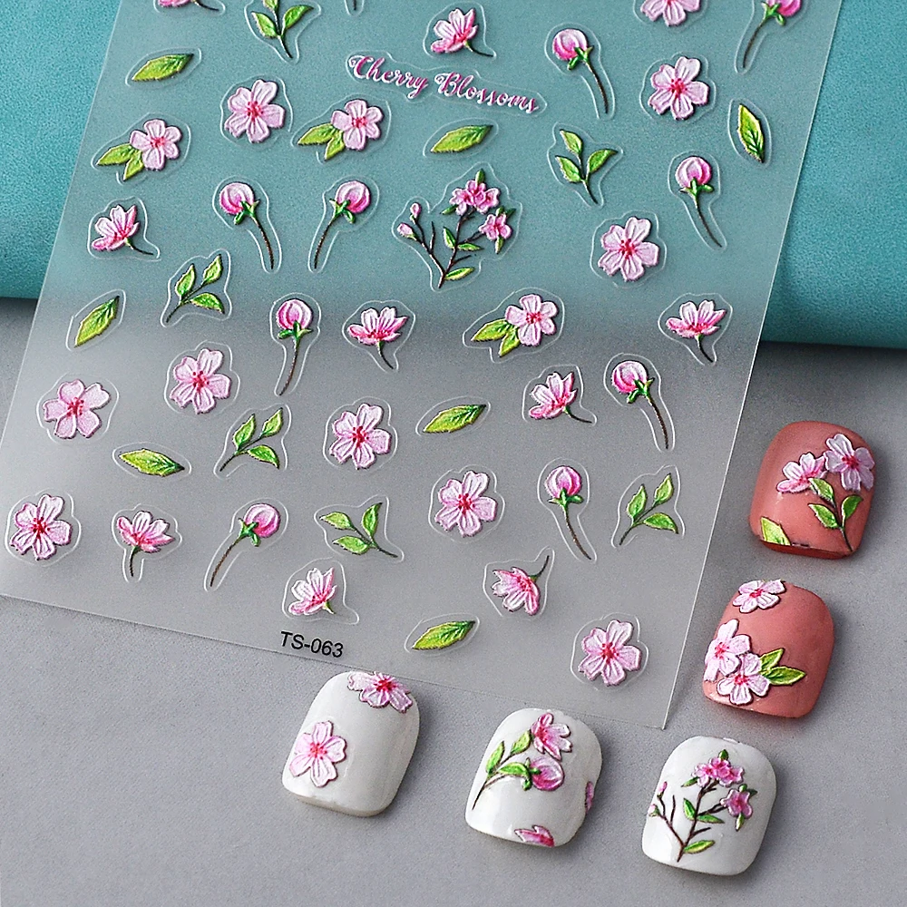 Flores de cerezo 5D pegatinas de uñas deslizantes para esmalte de manicura calcomanías cinta de uñas