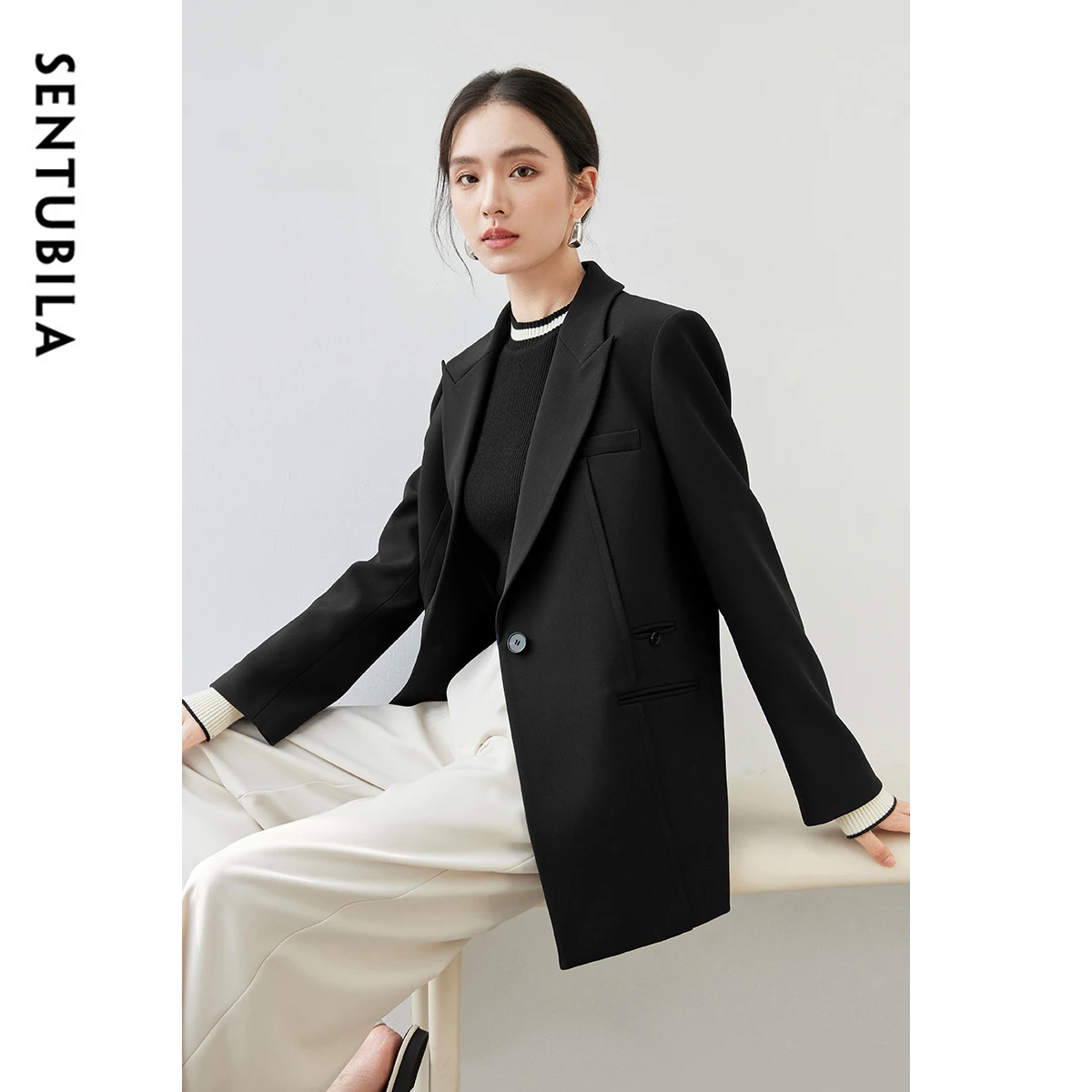 SENTUBILA Texture Twill Blazers Women Fall 2024 Classic Notched Collar Shoulder Pads Office Lady Work Business Coat 143X56811