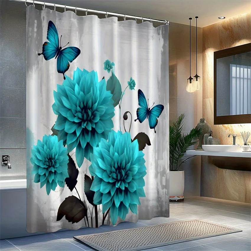 1pc Teal Blue Dahlias & Butterflies Shower Curtain - Realistic Fantasy Floral Design with Ethereal Textured Background, Machine-