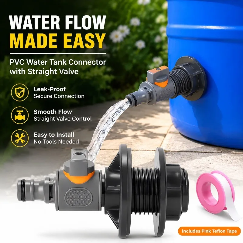 3/4 Inch PVC Water Tank Straight Valve Nipple Quick Stop Connector Rubber Coated Adapter Matching Pink PTFE Tape Plumbing