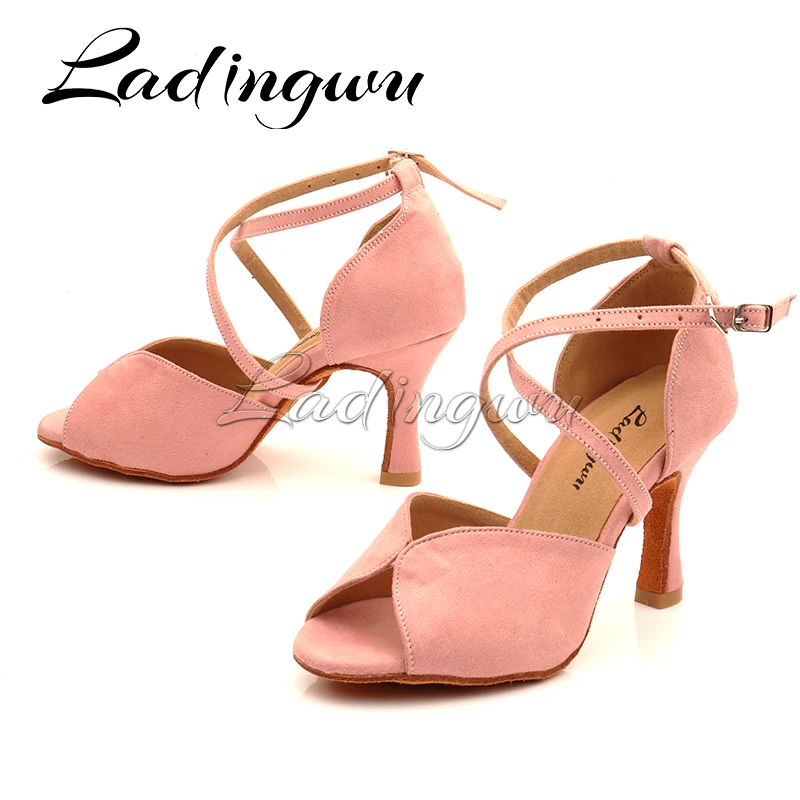 Ladingwu Hot Women Dance Shoes Latin Ballroom Dance Shoes Ladys Girls Salsa Dance Shoes Pink Suede Simple Style